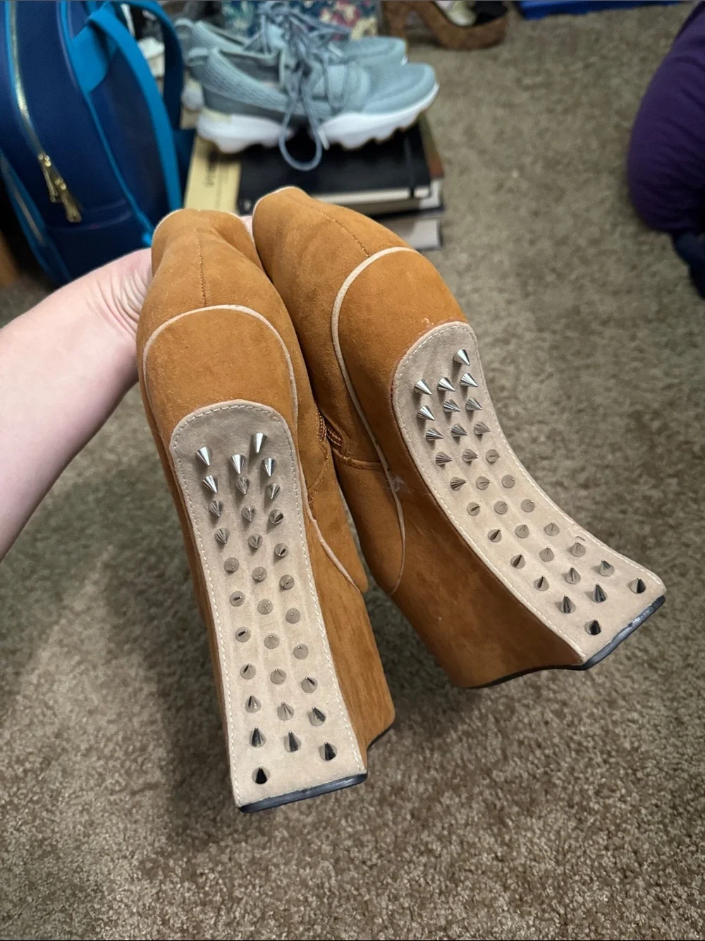 Bumper Tan Suede Wedge Ankle Boots with Sculptural Studded Spiked Cutout Heel
